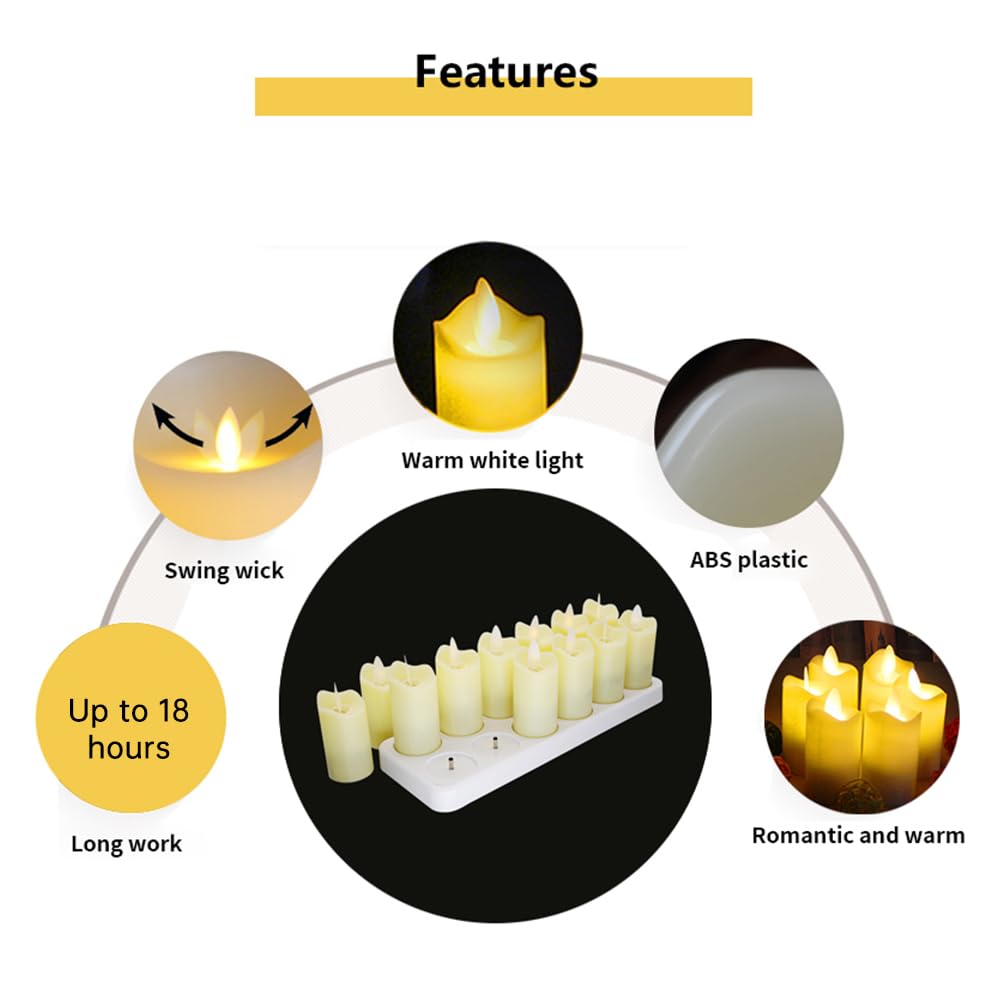 Candele tremolanti Senza Fiamma Confezione da 12 Candele LED realistiche Ricaricabili con Telecomando a 4 Tasti Candele elettriche in plastica in Giallo Caldo per Decorazioni