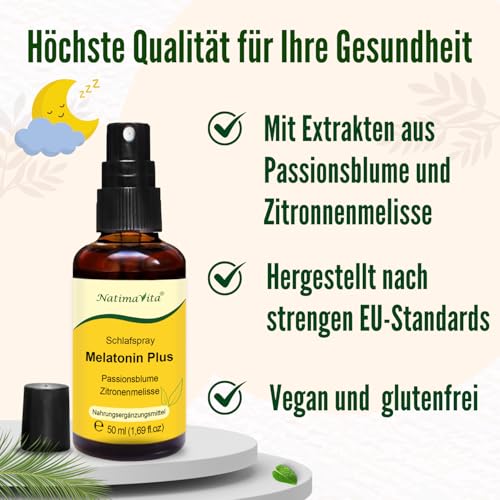 Melatonin Spray hochdosiert – 50 ml - Schlafspray mit Passionsblume & Zitronenmelisse – 1 ml Melatonin pro Tagesdosis – Vegan & Zuckerfrei – NatimaVita