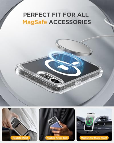 Image of Miracase for iPhone 17e Case & iPhone 16e Case, Full-Body Phone with Built-in Glass Screen Protector, [Magnetic with MagSafe] Military Drop Proof 17 E / 16 E Cover Bumper 6.1 inch, Clear Glitter