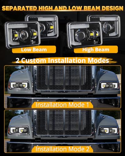 Image of Auxbeam 4X6 Headlights 4PCS With DRL Hi /Lo Beam Dot Approved Replacement H4651 H4652 H4656 H4666 H6545 Headlight Compatible with Kenworth T400 T600 T800 Freightliner Peterbilt Ford Chevy, Black