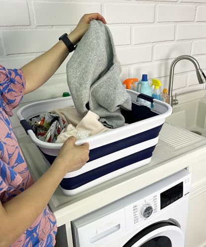 Image of SAMMART Collapsible Plastic Laundry Basket with Handle /Foldable Pop Up Storage Hamper /Portable Laundry Organizer-Space Saving Washing Tub /Household Storage (White /Starry Blue, 42L (Set of 2))