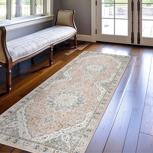 Madane Washable Runner Rug - 2x6 Rug Runners for Hallways 6 Feet Non Slip Vintage Kitchen Runner Rug Ultra-Thin Bathroom Runner Rugs Carpet Laundry Room Bedroom (2x6ft, Pink/Gray)