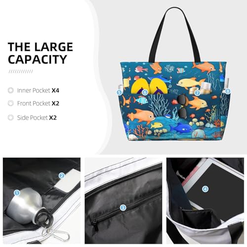 Blue underwater world of fish Large Capacity Beach Travel Bag, Foldable Beach Bag with Zipper, Great for Grocery Bag Pool Gym Travel Shopping3
