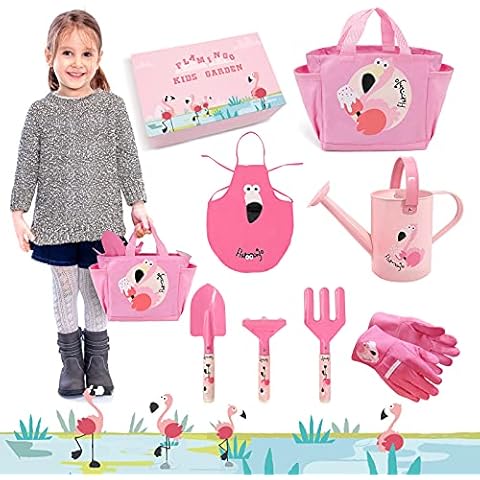 Hortem Kids Gardening Tools Set, 7 PCS Kids Garden Play Toys Include 3 Hand Tools, 1 Garden Bag, 1 Kids Garden Glove, 1 Kids Apron and 1 Watering Can, Garden Gifts for Children( Pink ) Cover