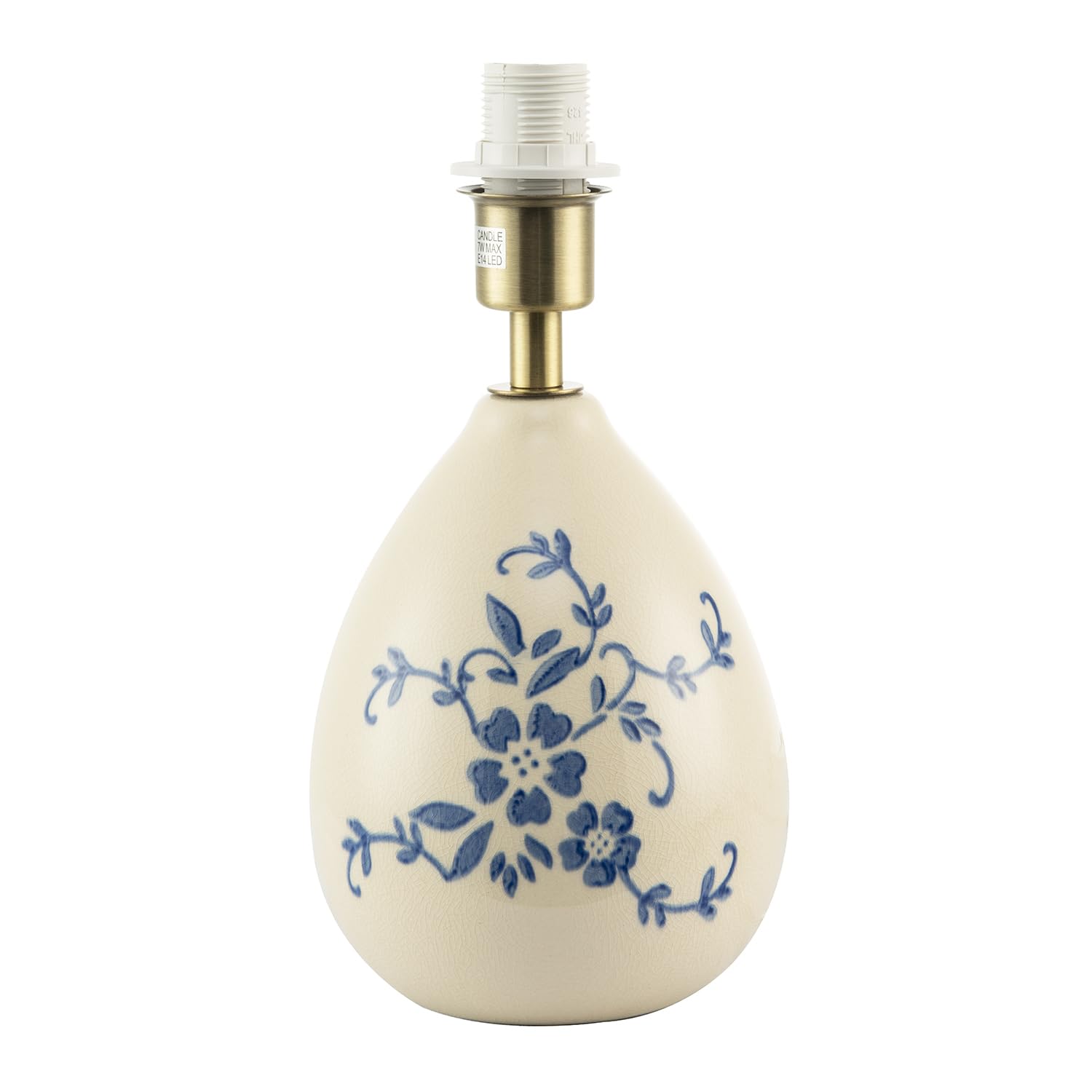 Happy Homewares Classic Hand Painted Blue Floral Themed Ceramic Table Lamp Base with Switch | 1 x E14 7w | 24cm x 13cm | Antique Brass Lamp Holder