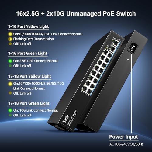 Image of 18 Port 10G /2.5G Ethernet Switch with Dual 10GBASE-T, Vimin 16 X 2.5G +2 x 10Gb RJ45 Ports Unmanaged Switch, 80Gbps Capacity, 10G Switch Desktop /Wall Mount Network Switch for NAS, PC, Wireless AP