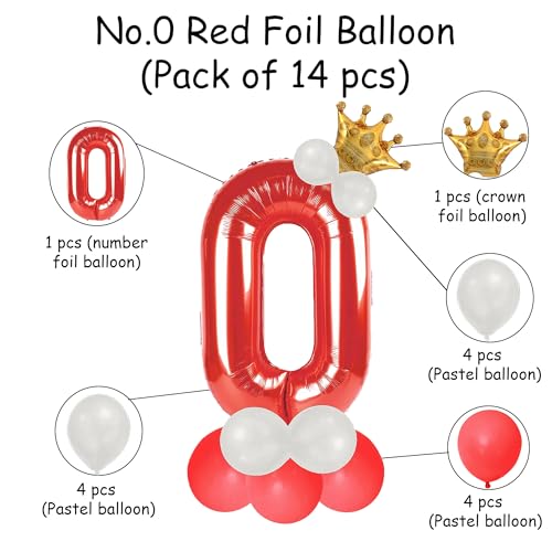 Image of Red 0 Number Foil Balloon with Crown & Base Balloons | 32 Inch Helium Supported for Birthday, Anniversary, Baby Shower Decoration - Pack of 14