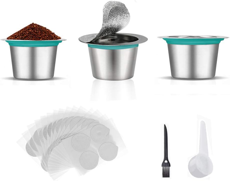 3PCS Stainless Steel Refillable Coffee Capsules Pods and 100PCS Foil Lids, Reusable Coffee Filter Compatible with Nespresso