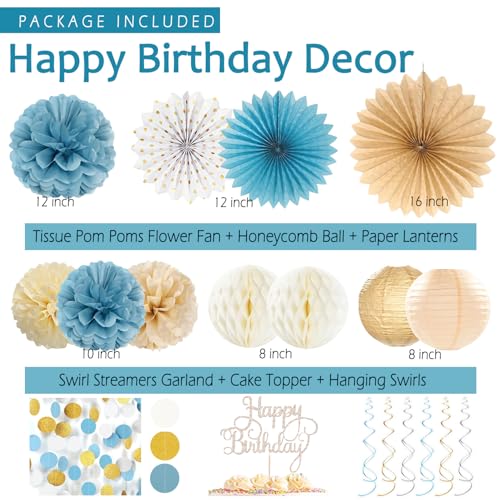 Image of Dusty Blue Beige Champagne Women Birthday Decorations, Boho Neutral Boys Girls Blue Party Decor With Fog Cream Gold Balloons,Happy Banner Garland,Paper Lanterns, Honeycomb Tissue Pom Poms For Adults