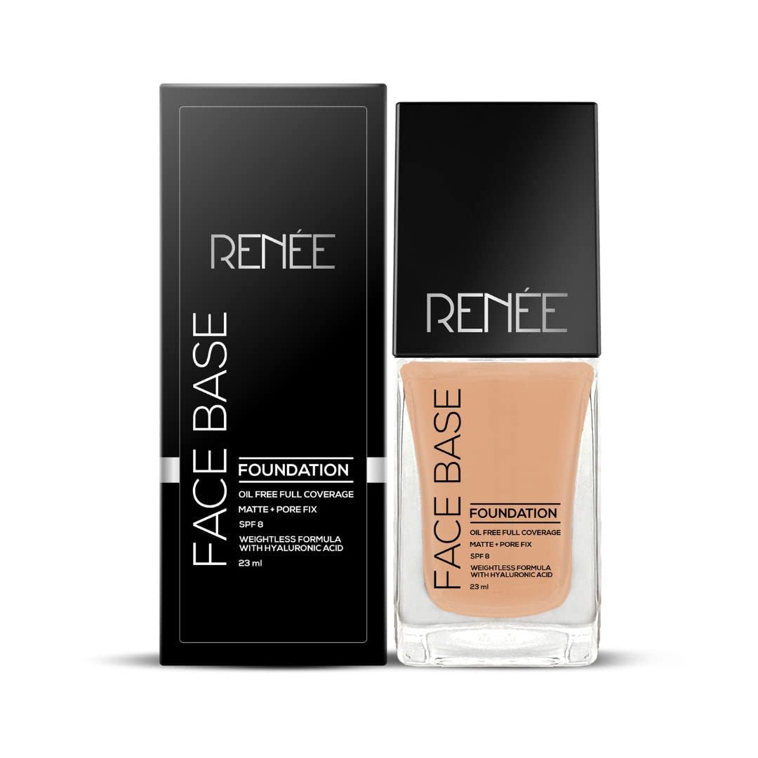 RENEEFace Base Liquid Foundation - Coffee, 23ml | Enriched with Hyaluronic Acid & Vitamin E, Provides SPF 8 Protection, Weightless, Long-lasting Matte Finish