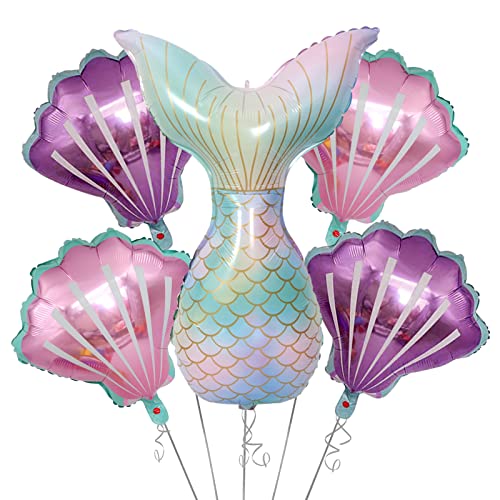 5 Pièces Sirène Feuille Ballons Ensemble Sirène Mer Thème Fête D'anniversaire Décoration Feuille Ballon Coquillage Hélium Ballon Queue De Poisson