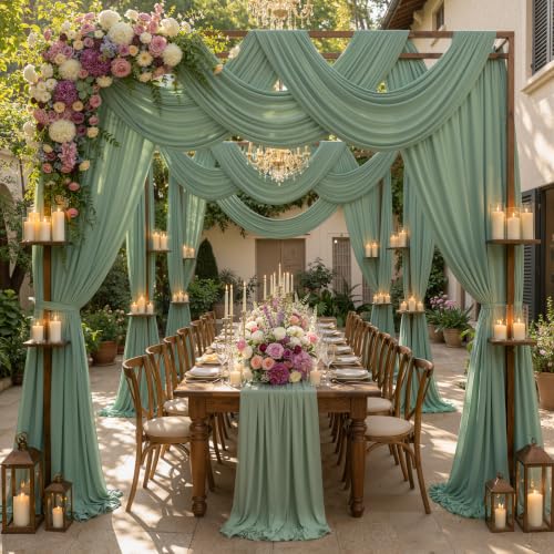 Image of 20ftx15ft Sage Green Backdrop Curtains for Parties, Wrinkle Free Polyester Sage Green Photo Backdrop Drapes 4 Panels 15 ft Long Back Drop Cloth for Wedding Birthday Photography Background Party