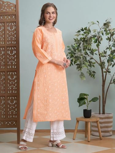 Image of Ada Women's Cotton Straight Fit Straight Hand Embroidered Lucknowi Chikankari Kurta Kurti A411165