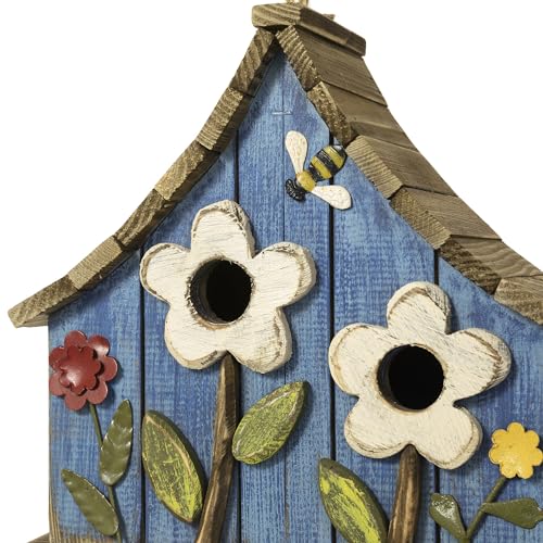 Glitzhome 10.75 Inch L Distressed Solid Wood Hanging Birdhouse With 3D Flowers Rustic Hand-Painted Garden Bird Houses For Outdoors Decorative thumb #7