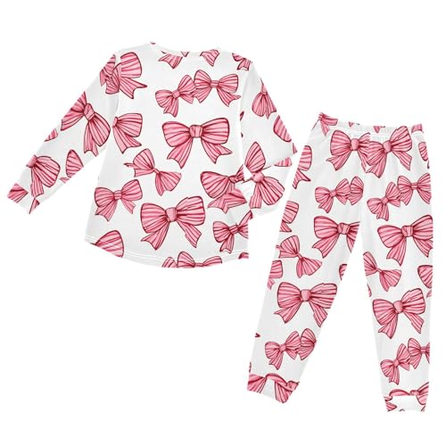 Pink Striped Bow Pattern Soft Pajama Set for All Seasons,Breathable Pjs Long Sleeve Sleepwear,Comfy Loungewear 2 Piece Underwear Set 5T2