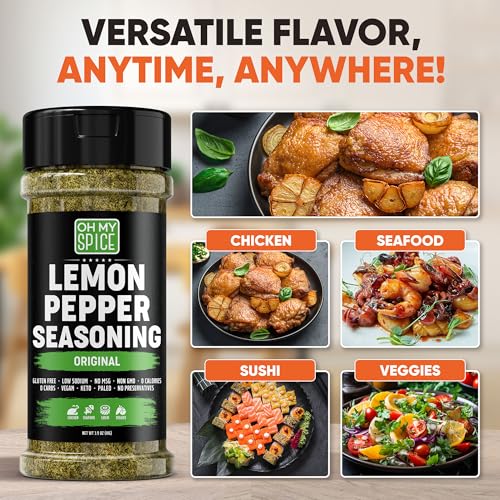 Chicken Seasoning Lemon Pepper Seasoning - Gluten Free & Low Sodium Lemon and Pepper Seasonings for Turkey, Seafood & Vegetable. Poultry Seasonings. Salad, Salmon & Chicken Dust for Grilling. 3.9oz