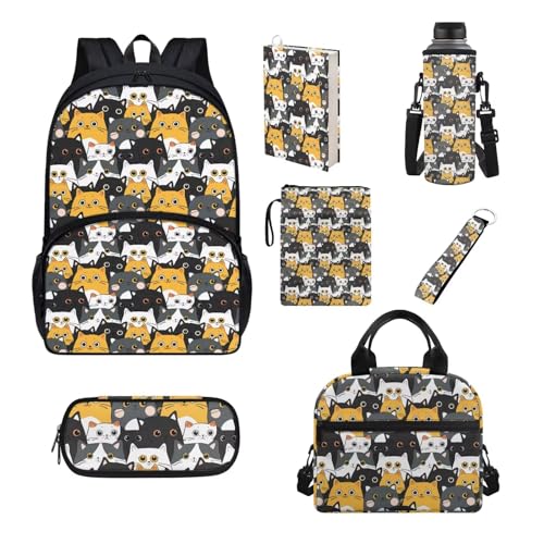 Set di 7 pezzi zaino per scuola elementare primaria sencondaria ragazze ragazzi bookbag borsa pranzo astuccio Stampa gatto. Taglia unica Set di zaini per la