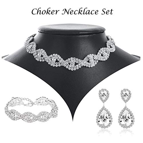 3 Pack Bridal Rhinestone Crystal Statement Choker Necklace Link Bracelet And Teardrop Dangle Earrings Jewelry Set Fit With Wedding Dress Party #TOP5