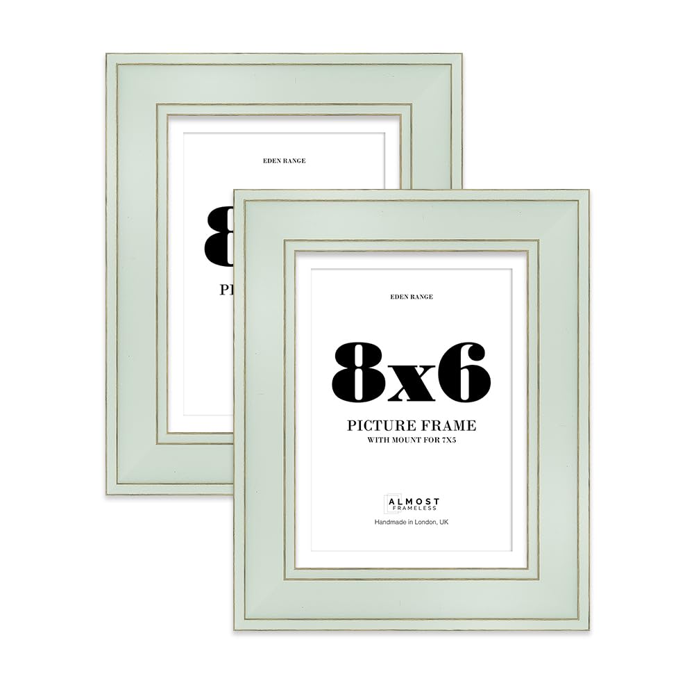 8x6" Sage Green Picture Frame with 7x5" Mount - Shabby Chic Photo Frame with Distressed Finish, Gold Trim, Wall Hooks and Kickstand, 37mm Edge - 2 Pack