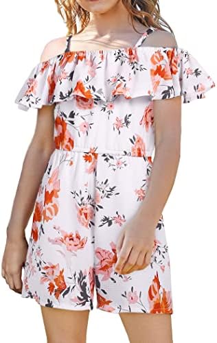 Arshiner Little Girls Summer Outfits Rompers Cute White Floral Ruffle Jumpsuit for Kids Floral-white 8-9 Years