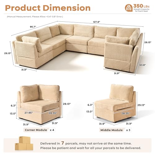 Image of ovios Modular Sectional Sofa Couch with U-Shape Chaise Oversized, Comfy Plush Corduroy Cloud Couches, Modern Luxury Deep Seat Sofas Set for Living Room, 7-Seater, Beige