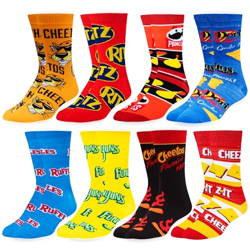 Crazy Socks Snack-Themed 8-Pack Novelty Crew Sock Bundle Large Fun Colorful Snack Food Gift Set for Men & Women