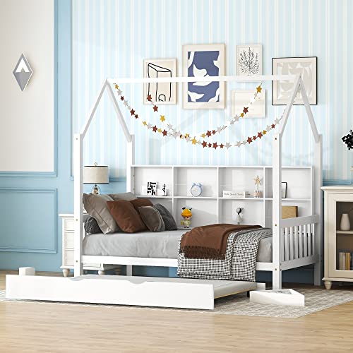 Twin Size House Beds With Trundle And Storage Shelves For Kids Montessori Bed Wood Playhouse Tent Bed Frame For Girls Boys, White #TOP11