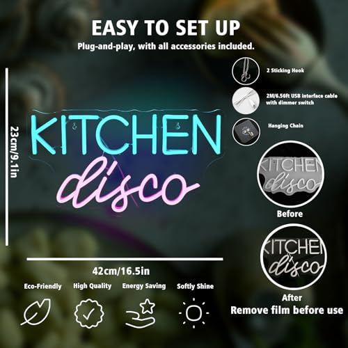 Image of JURONG Kitchen Disco Neon Signs for Wall Decor, Dimmable LED Neon Light USB Powered Light Up Signs for Home, Canteen, Restaurant, Cooking Room Party, Kitchen Decor Gift
