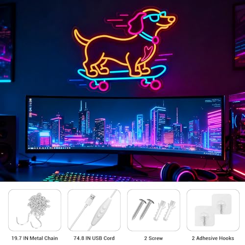 Image of Dachshund Skateboarding Neon Sign, Skateboard Dog Neon Signs for Wall Decor Cool LED Wall Art Decor, Dimmable Dog Lover Gift for Living Room, Bar, Shop, or Birthday Party (Orange Dachshund)