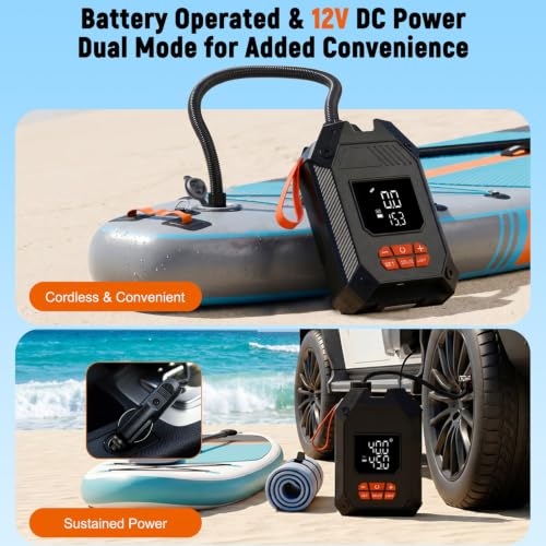 Paddle Board Electric Pump Portable 45 PSI, Dual Powered Rechargeable & 12V DC Air Sup Pump for Car Tires, Paddleboards, Kayak, Tents, Mattresses & Water Sports Inflation & Deflation, Auto-Off — view 3