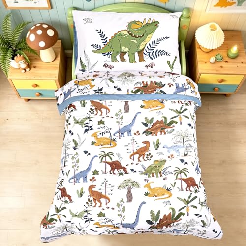 Hooyax Dinosaur Toddler Bedding Set 4-Piece for Boys Cute Toddler Comforter Set for Dino-Loving Kids Includes Ultra-Soft Comforter Fitted Sheet Flat Sheet & Pillowcase for All Seasons