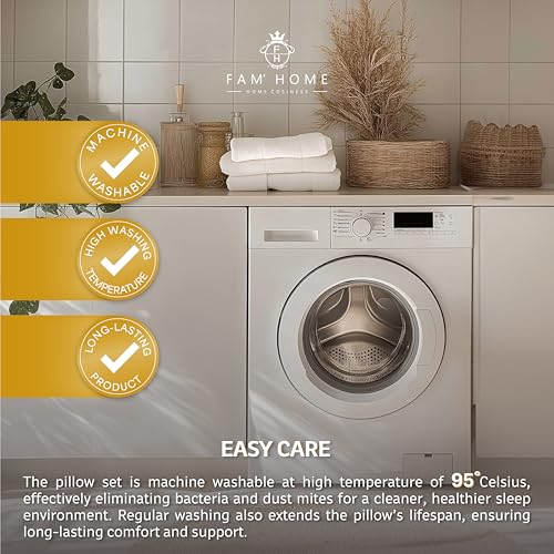 FAM' Home luxuriöses Kissen 50x60 2er Set – Kopfpolster Volumenfüllung (600 g) - ergonomische weiße Schlafkissen - Leichte Pflege – Allergiker Kopfkissen 50x60 Waschbar bis 95 °C - Atmungsaktiv