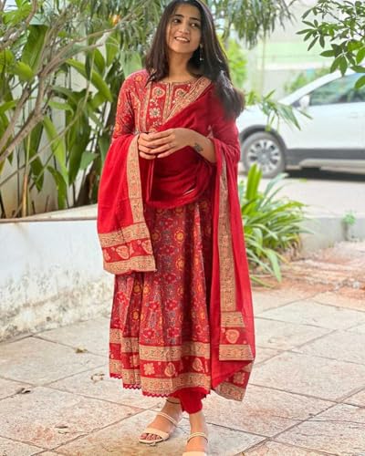 Image of Women's Cotton Anarkali Embroidery Designer Long Anarkali Kurti With Pant and Dupatta Set (Red)