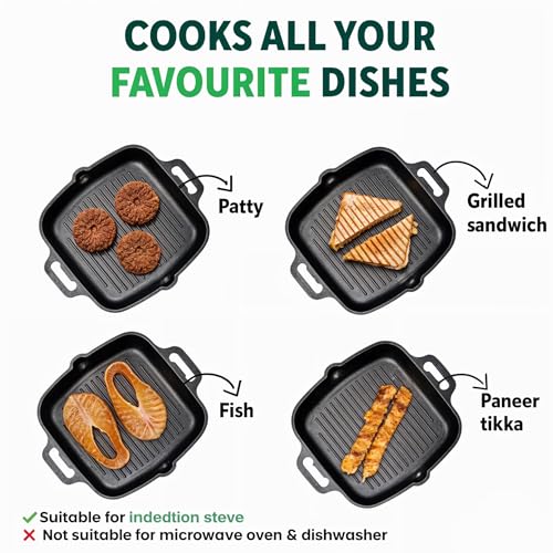 Image of Add2Cart Black, 100% Pure & Toxin-Free, No Chemical Coating, Medium, 26.3 cm /10.5 inch, 1.8Ltr, 3kg Pre-Seasoned Cast Iron Grill Pan with Double Handle that is Induction Friendly