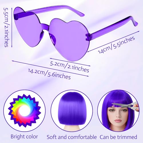 Image of MEEZY Dark Purple Short Bob Wigs Straight Hair with Flat Bangs Heart Sunglasses for Women, Colorful Funny Cosplay Party Neon Wig Synthetic Natural As Real Carnival Halloween Costume Party Favors