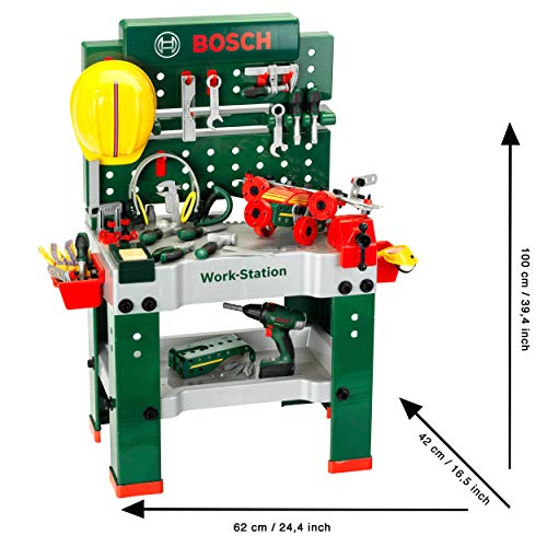 Theo Klein 8485 Bosch Werkbank Nr. 1 | 150-teilig | Inkl. Werkzeuge Und Zubehör | Akkuschrauber Mit Licht & Sound | Spielzeug Für Kinder Ab 3 Jahren, 62 X 42 X 100