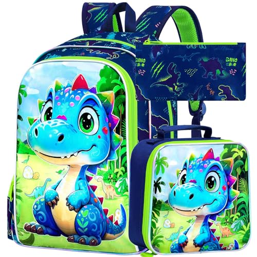 Image of AGSDON 3PCS Dinosaur Backpack for Boys, 16 inch Little Kids Preschool Bookbag, Elementary Backpacks and Lunch Box - Blue