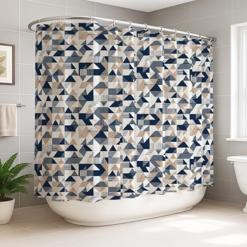 Rideau de douche extra large en polyester imperméable motif triangles à rayures géométriques d'automne bleu marine pour salle de bain, baignoire, appartement 274 x 183 cm