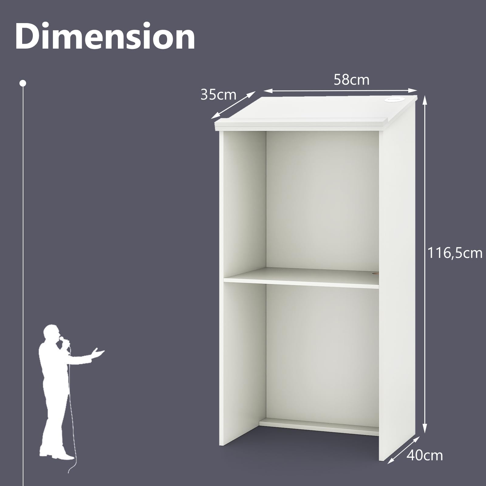 GYMAX Podium à 2 Niveaux en Bois, Pupitre de Conférence avec Étagère de Rangement & Plateau Incliné 58 x 35 cm & 2 Trous pour Câbles, pour Salle de Réunion École Église, Hauteur 116,5cm (Blanc)