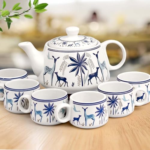 Image of DMRD MART-Handcrafted Ceramic Stag 7PC Tea Cup Set with Kettle Safe 6 Cups 1 Kettle | Tea Pot Set 1000ml Ceramic Porcelain Cup Set of 6 Perfect for Serving Coffee Green. (Dear Print 7pc)