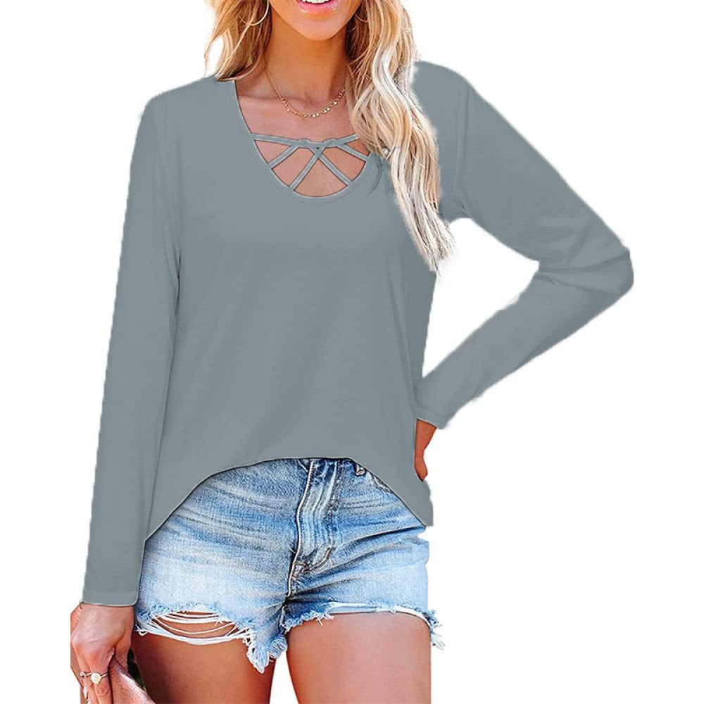 Long-Sleeve T-Shirt Dames,Dames T-Shirts Met Lange Mouwen Mode Grijze V-Hals Uitgesneden Trui Tuniek Tops Herfst Casual Losse Gezellige Effen Kleur Basic T-Shirt Blouses Sweatshirt Voor Dames,S