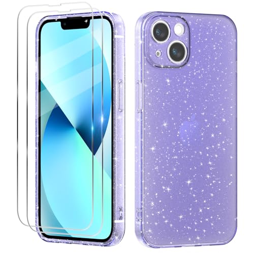 Tikgue Funda Compatible con iPhone 13 con 2 Unidades de Protector de Pantalla de Cristal Templado, Carcasa Transparente Glitter Brillante de Silicona TPU Anti-Choque Protectora - Púrpura