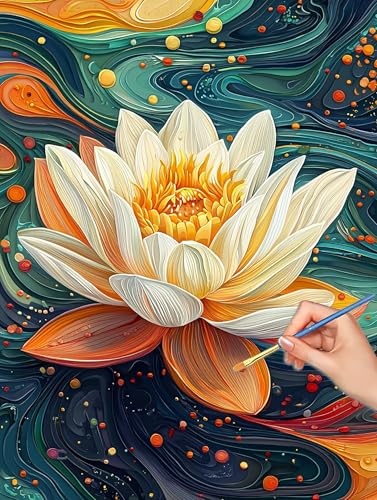 Lotus Paint by Numbers for Adults, DIY Paint by Numbers Flower, Painting by Number for Adults Beginners, Canvas Kits with Brushe