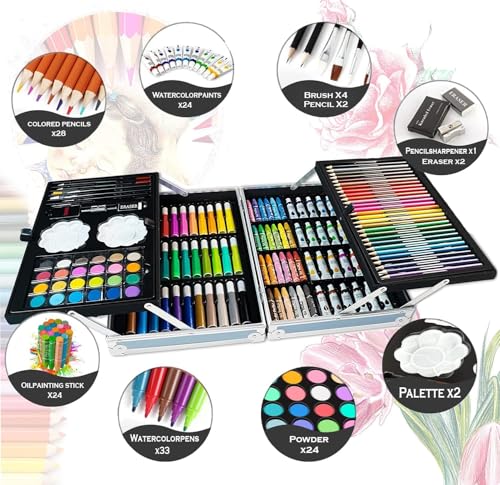 Image of Parssufy 145-Piece Art Set for Kids with Unicorn Storage Case | Drawing & Painting Kit with Oil Pastels, Watercolors, Sketch Pens, Color Pencils | Art & Craft Supplies (145-unicorn (Pink))