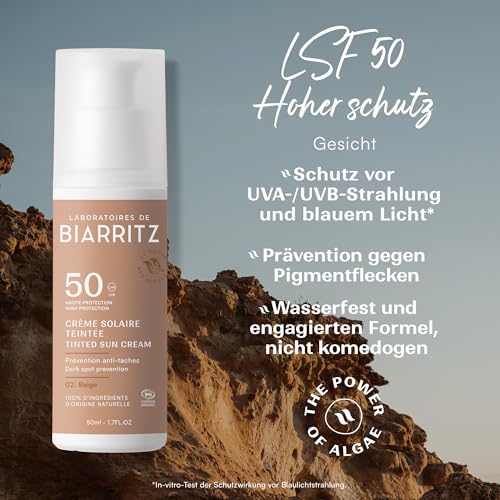 Laboratoires de Biarritz - Getönte Sonnencreme Gesicht - Beige - LSF50 Bio-zertifiziert - Hydriert, mattiert, sorgt für ein gesundes Strahlen - 50 ml - Made in France