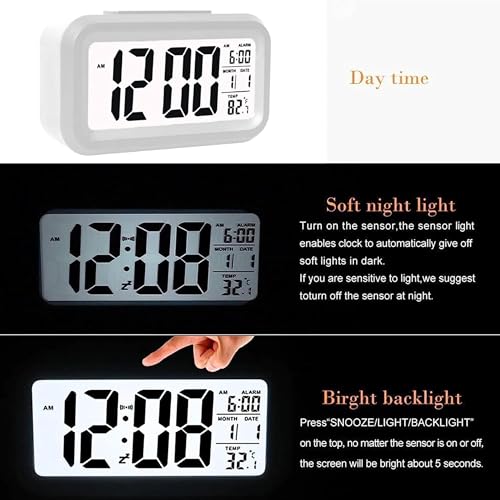 Image of Casa Copenhagen Digital Alarm Clock Table Clock for Students, Home, Office, Corporate with Automatic Sensor, Date & Temperature - White