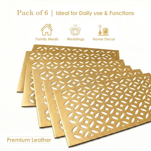 Image of Heart Home Leather Rectangular Table Mats Set of 6 | Washable Placemat /Dining Table Mat for Party, Wedding and Family Functions | Golden