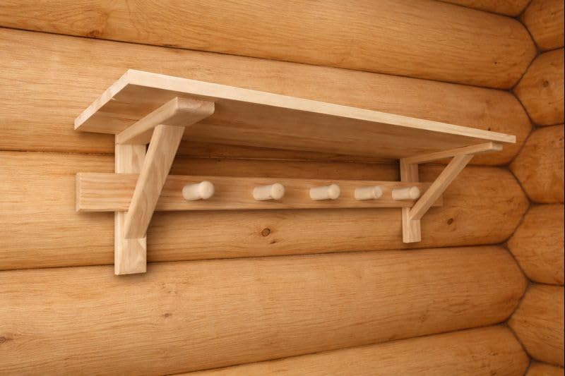 Sauna Wandregal aus Holz 05 cm mit 3 Haken – Badregal mit Ablage für Sauna, Bad & Banja
