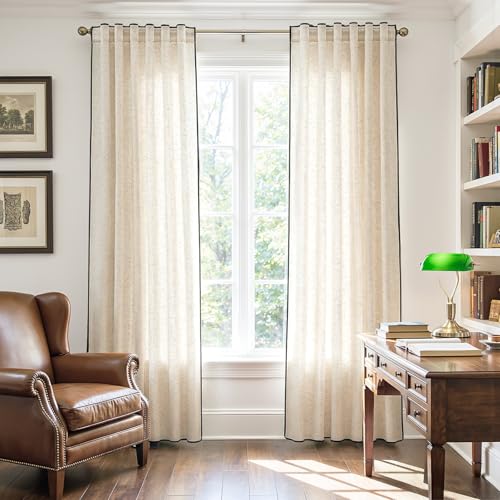 Image of jinchan Beige Linen Curtains with Black Trim Back Tab 50 x 84 Inch 2 Panels