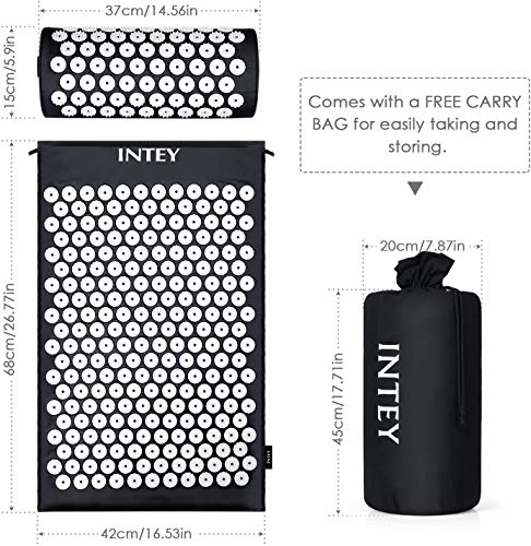 INTEY Wellness Therapy Acupressure Mat Set, Relief Muscle Pain and Stress, Acupuncture Mat and Pillow Cushion for Back, Neck & Feet Massage with Carry Bag (Black)
